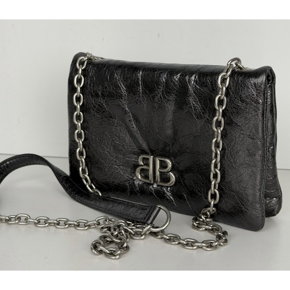Balenciaga Calfskin Nano Monaco Chain Shoulder Bag in Black Leather S17